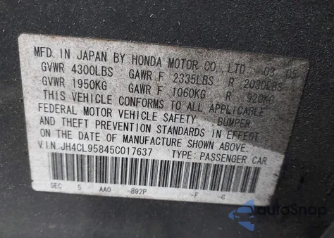 2005 Acura Tsx z USA, uszkodzony, nr VIN JH4CL95845C017637